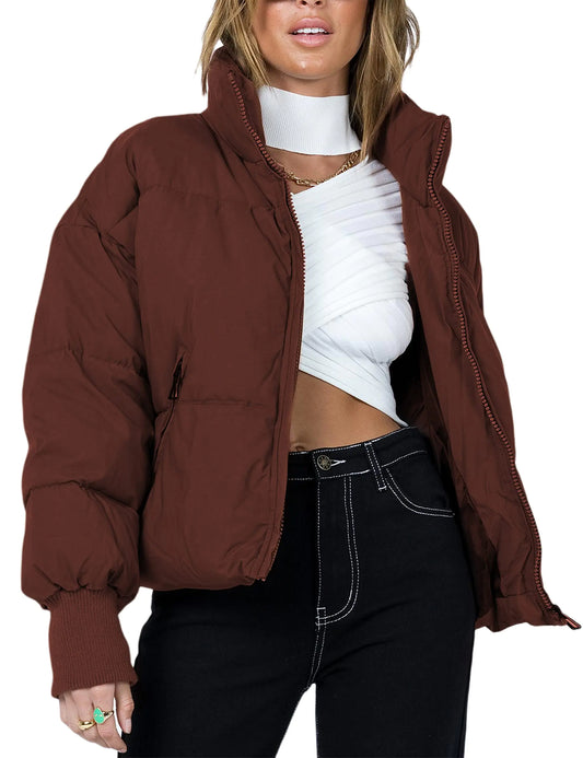 UANEO Puffer Jacket Womens Oversized Cropped Puffy Quilted Winter Jackets Coat (Coffee-L)