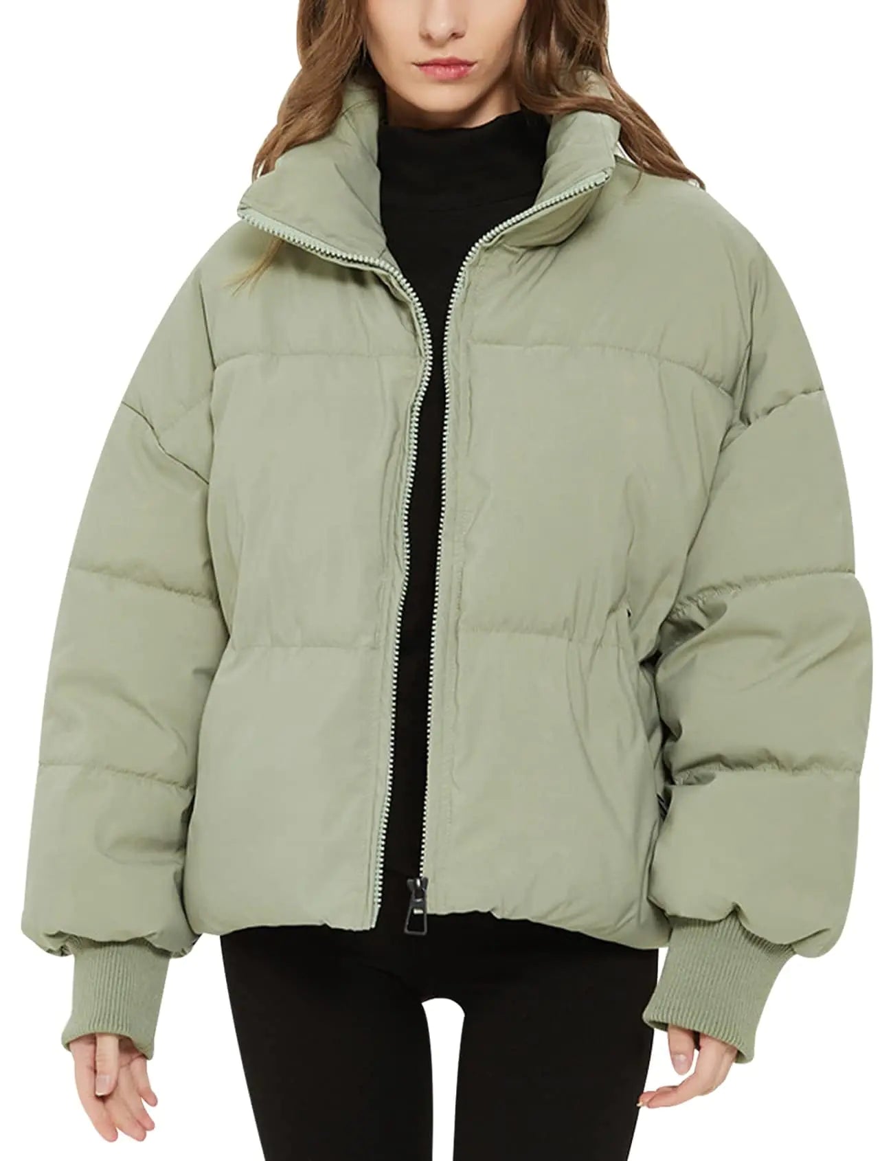 Flygo Winter Cropped Puffer Jacket Coats for Women 2024 Short Warm Quilted Jackets Outerwear with Pockets(Green-S)